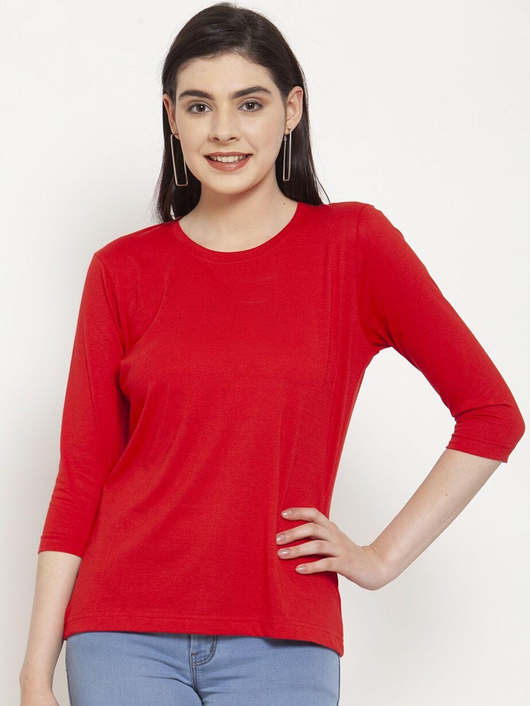 friskers women red solid cotton t-shirt