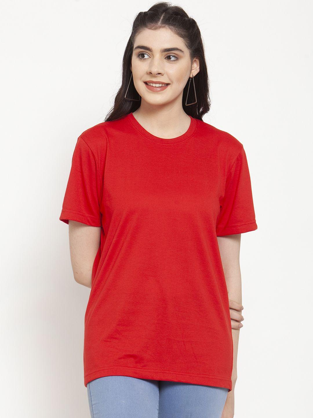 friskers women red solid round neck t-shirt