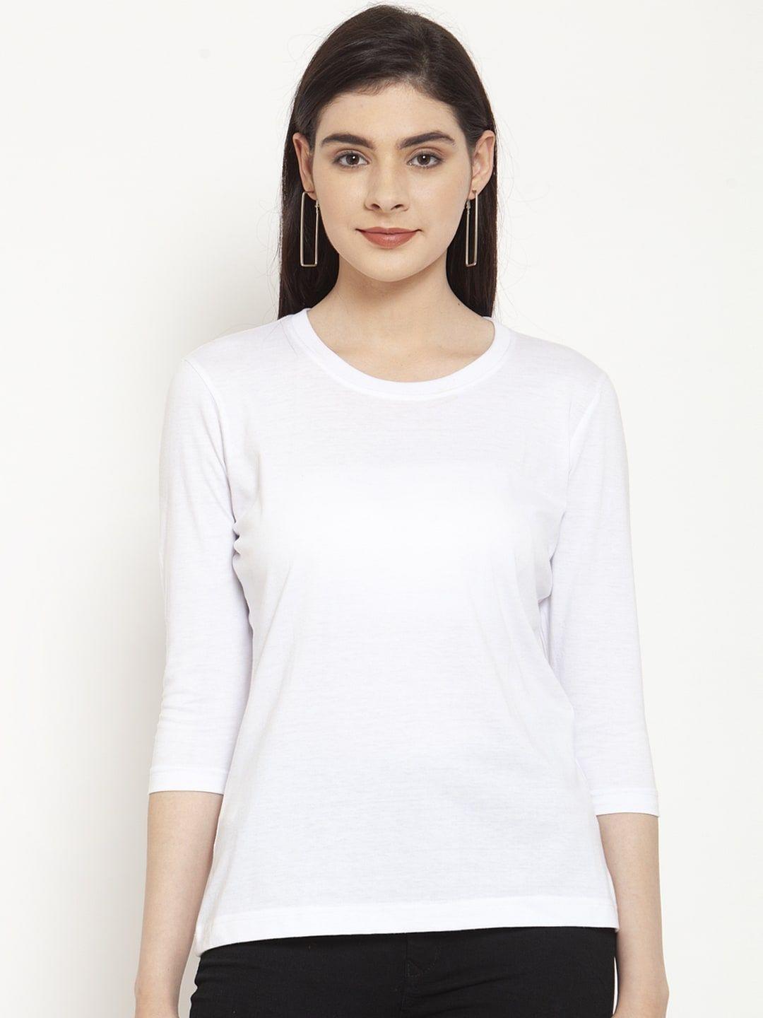 friskers women white solid round neck t-shirt