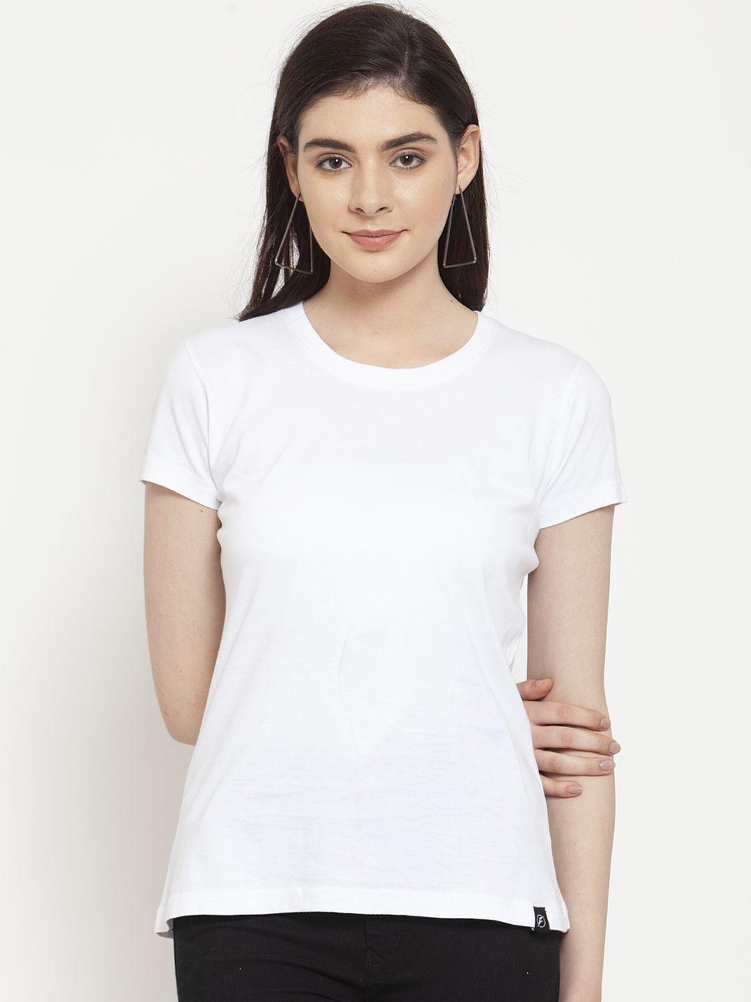 friskers women white solid round neck t-shirt