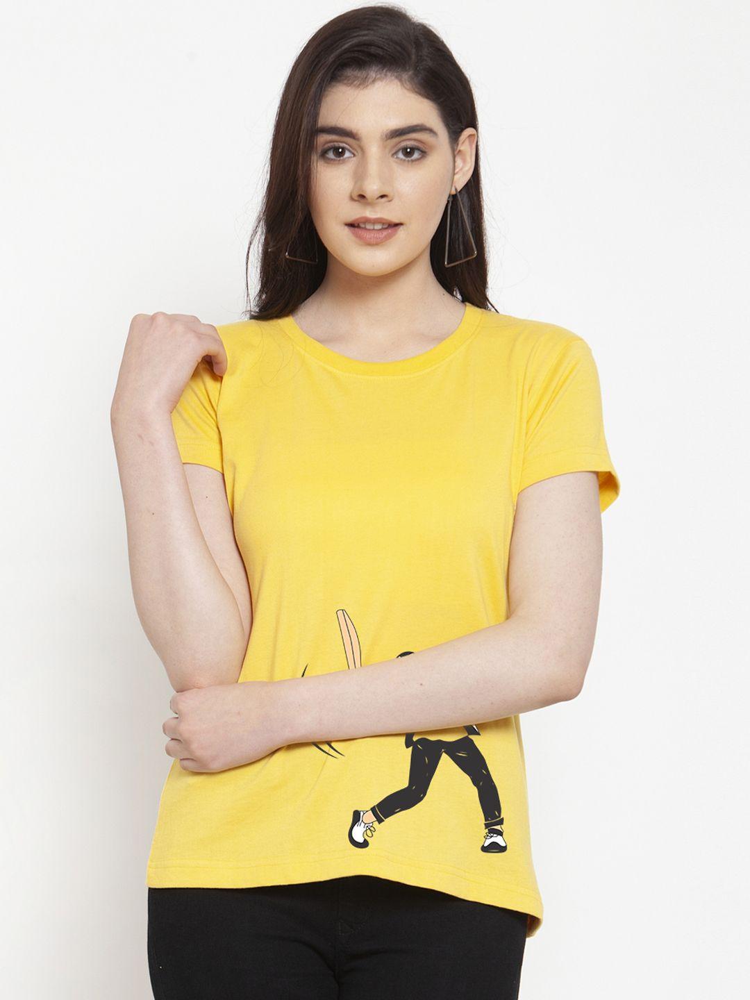 friskers women yellow printed round neck t-shirt