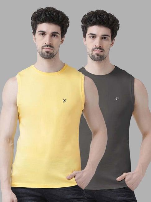 friskers yellow & grey slim fit sleeveless t-shirt - pack of 2