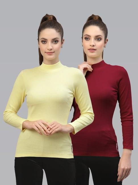 friskers yellow & maroon cotton full sleeves top - pack of 2