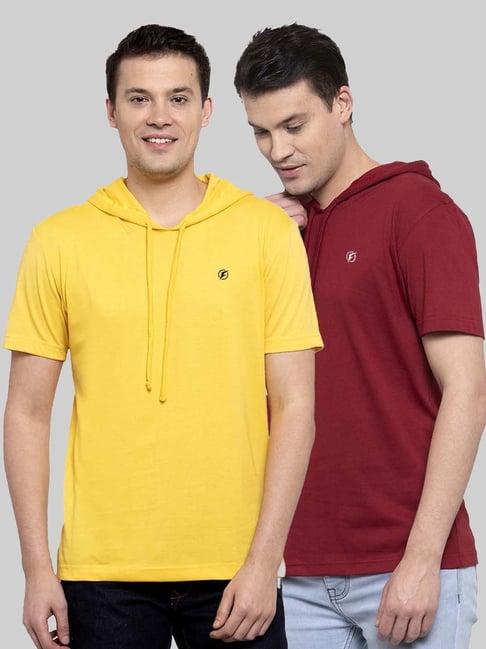 friskers yellow & maroon slim fit hooded t-shirt - pack of 2