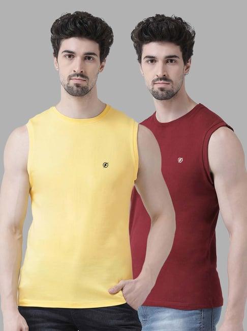 friskers yellow & maroon slim fit sleeveless t-shirt - pack of 2