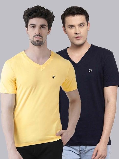 friskers yellow & navy blue cotton slim fit t-shirt