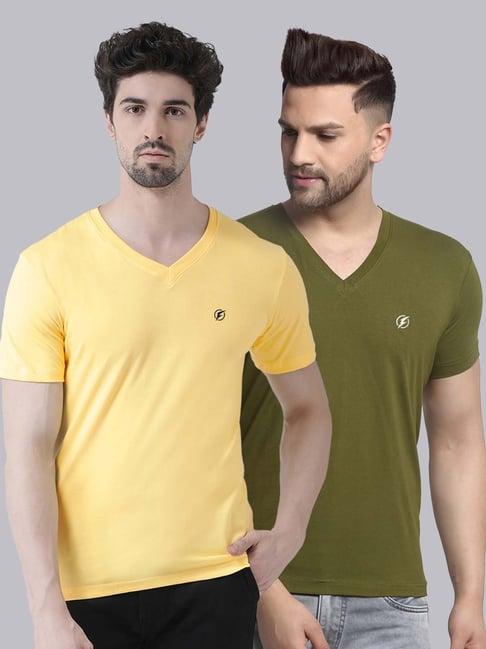 friskers yellow & olive green cotton slim fit t-shirt