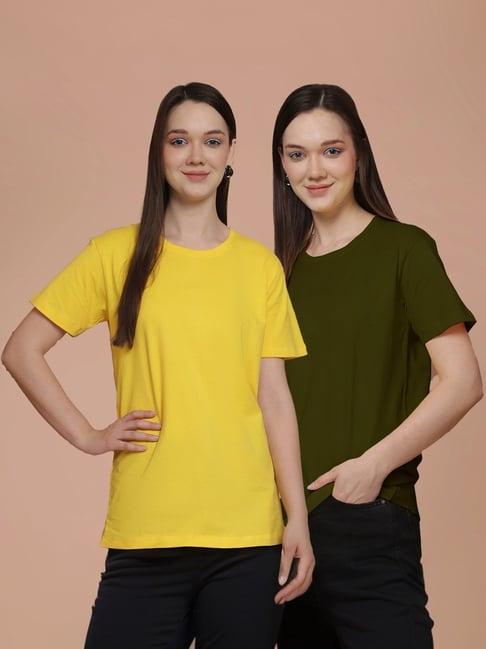 friskers yellow & olive green cotton t-shirt - pack of 2