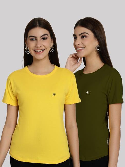 friskers yellow & olive green slim fit t-shirts - pack of 2