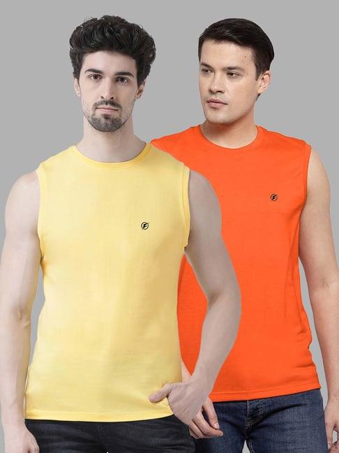 friskers yellow & orange slim fit sleeveless t-shirt - pack of 2