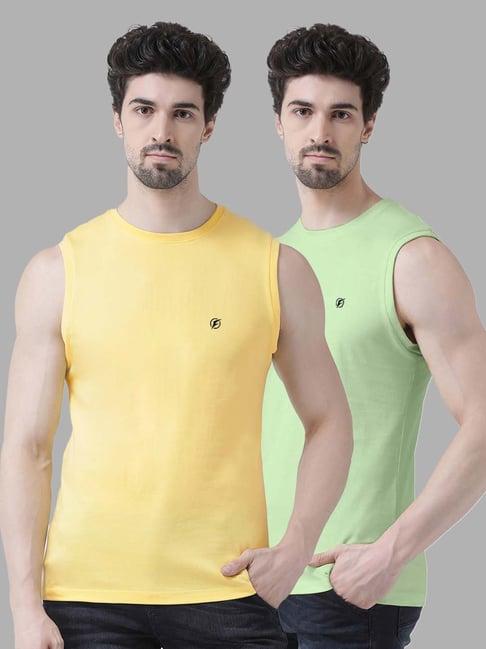 friskers yellow & sea green slim fit sleeveless t-shirt - pack of 2