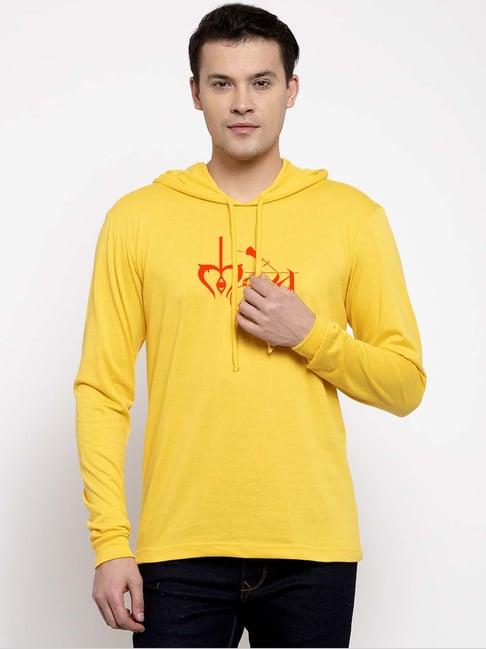 friskers yellow regular fit graphic print hooded t-shirt