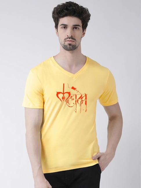 friskers yellow regular fit graphic print v-neck t-shirt