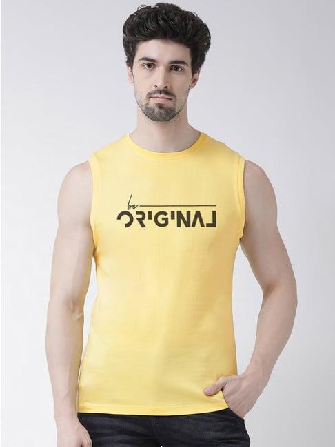 friskers yellow slim fit graphic print sleeveless t-shirt