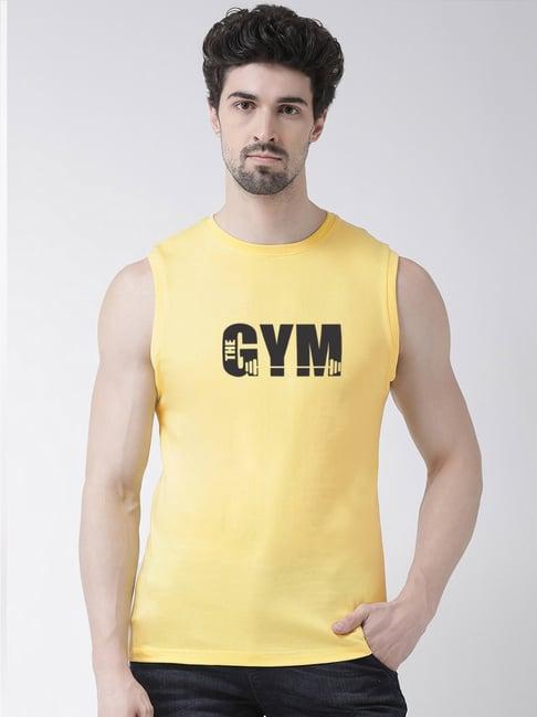 friskers yellow slim fit graphic print sleeveless t-shirt