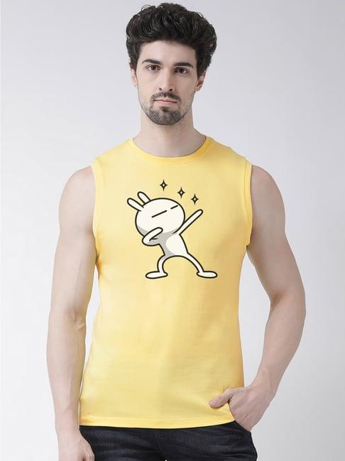 friskers yellow slim fit graphic print sleeveless t-shirt