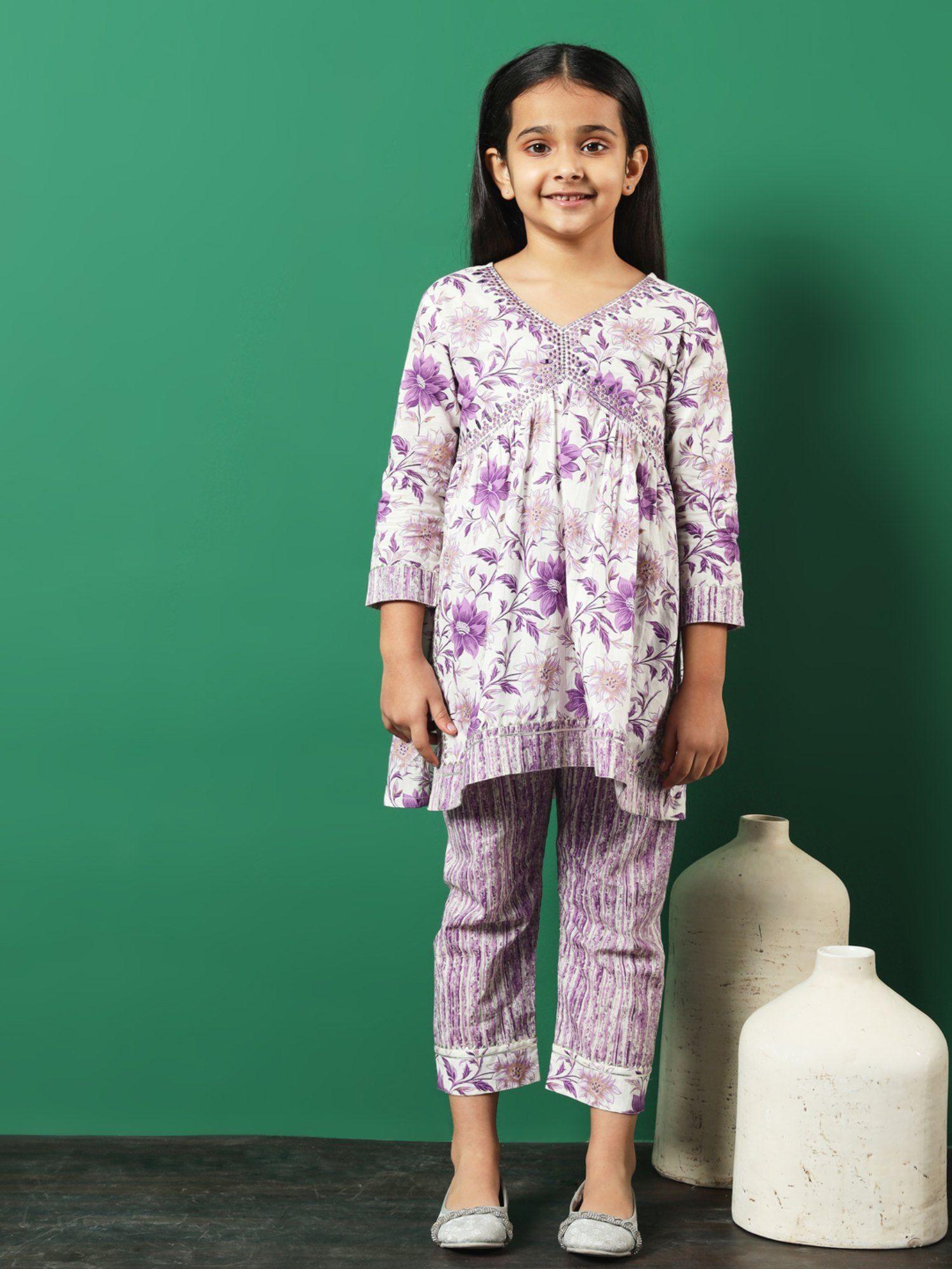 frock style cotton fabric purple color kurti with pants (set of 2)