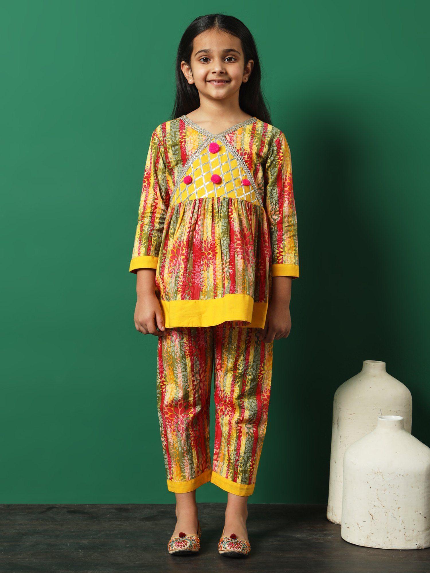 frock style cotton fabric yellow color kurti with pants (set of 2)