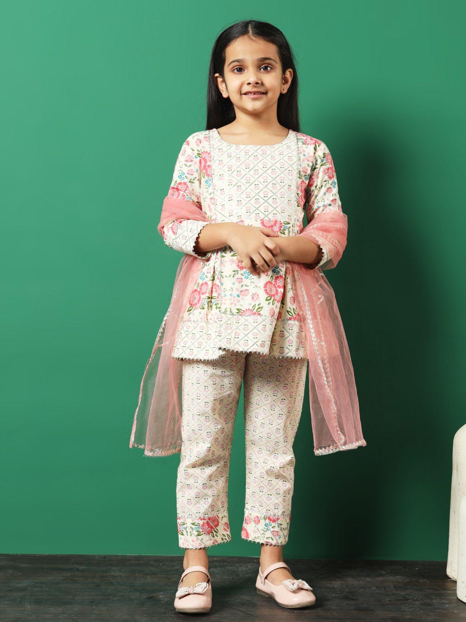 frock style cotton pink kurti & pants with dupatta (set of 3)