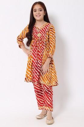 frock style rayon fabric and printed kurti with pyjama - yellow