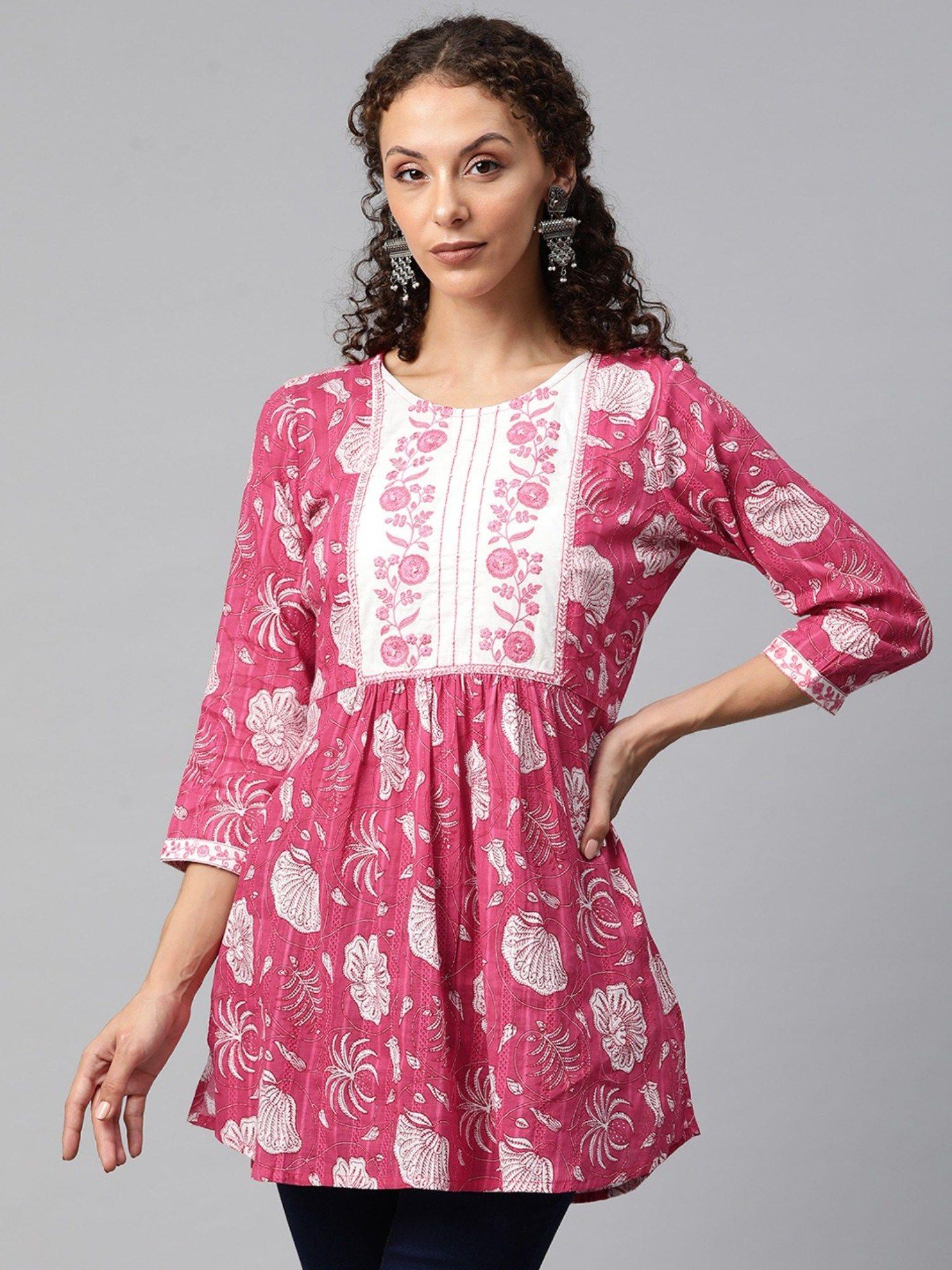 frock style cotton fabric beads and stones pink colour kurti