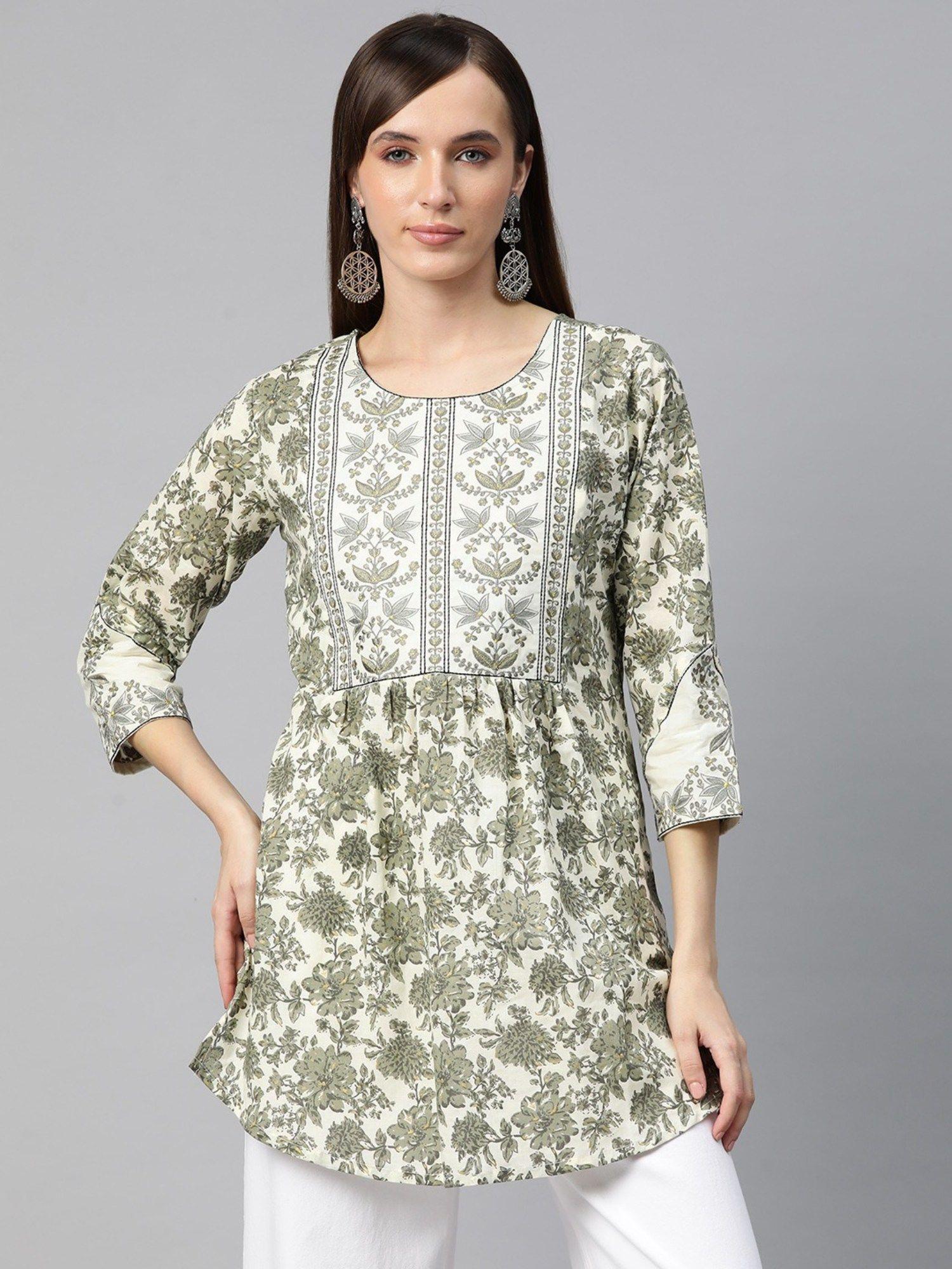 frock style cotton fabric embroidered green colour kurti