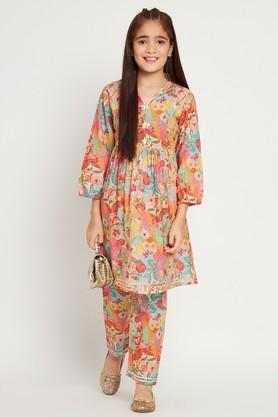 frock style cotton fabric kurti with pyjama - multi