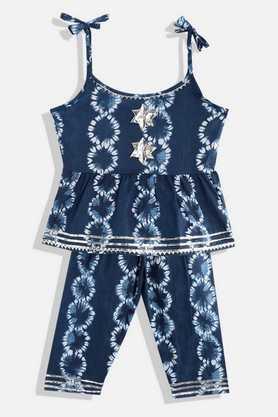 frock style cotton tie dye girls kurti with pyjama - blue