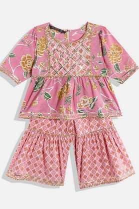 frock style girls cotton fabric kurti with sharara - pink