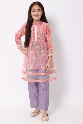 frock style organza fabric printed frock with pyjama - pink