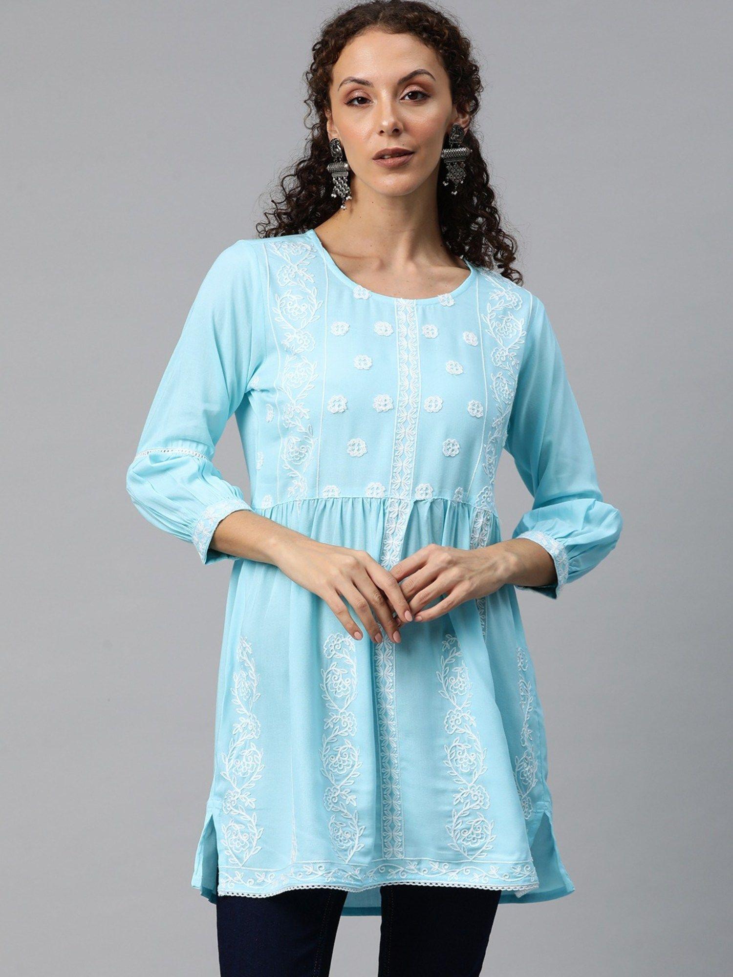 frock style rayon embroidered fabric blue colour kurti