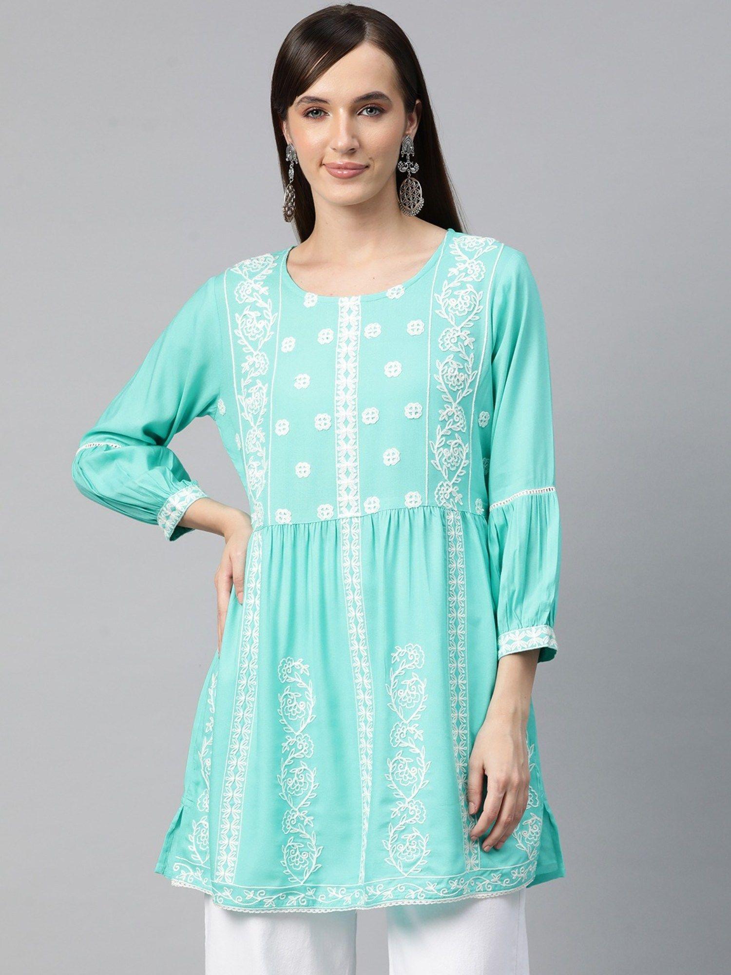 frock style rayon embroidered fabric turquoise blue colour kurti