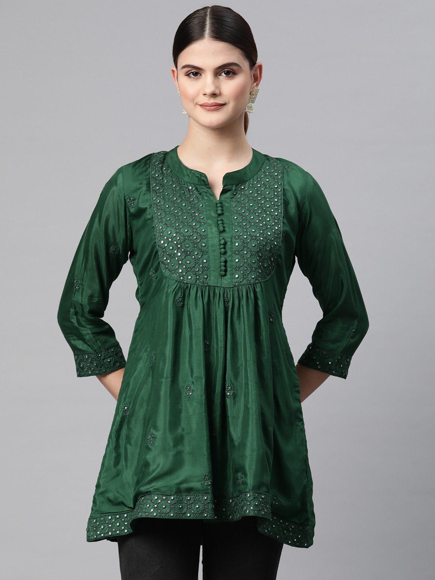 frock style silk fabric green color tunic