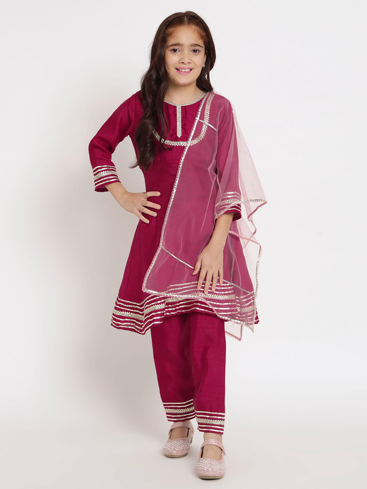 frock style silk magenta kurti and pant with dupatta (set of 3)