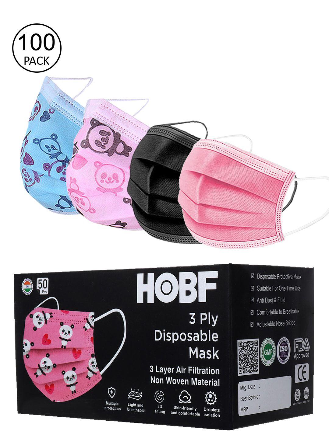 froggy unisex kids set of 100 pink & blue printed  anti-pollution masks with nose-pin