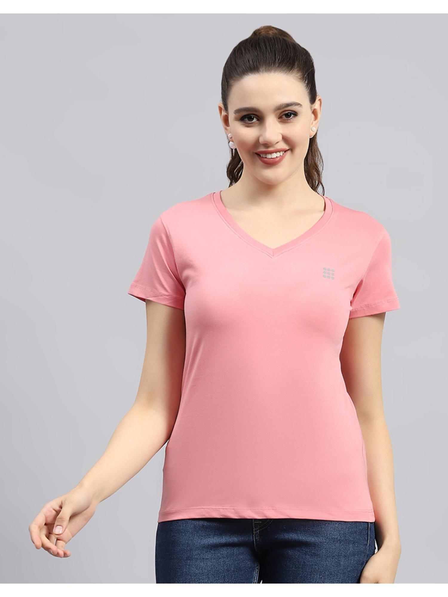 from house of monte carlo womens pink solid v neck half sleeve t-shirt