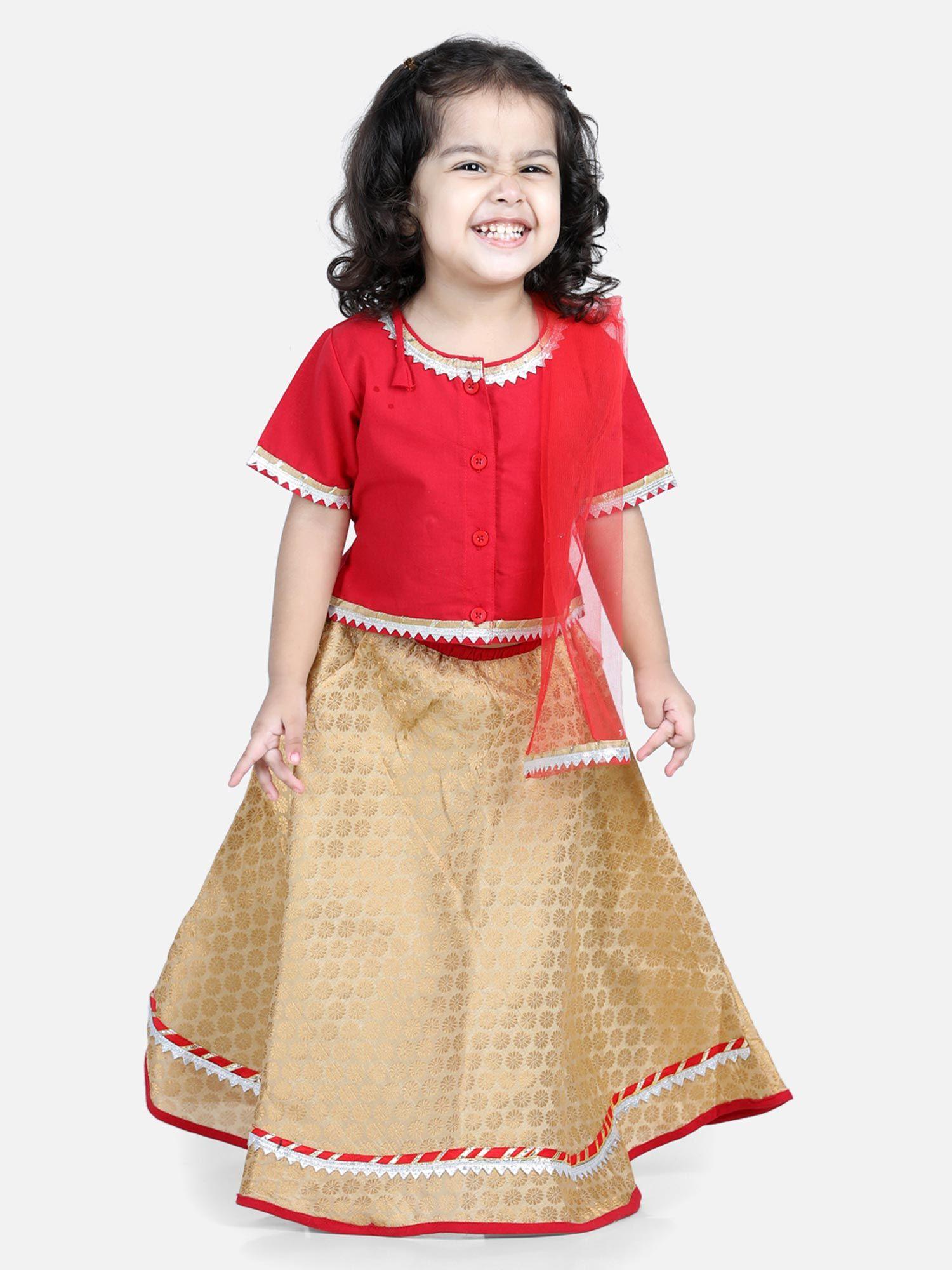 front open cotton top with jacquard lehenga for girls - red (set of 3)