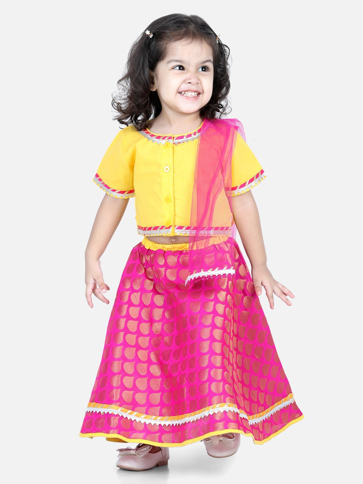 front open cotton top with jacquard lehenga for girls - yellow (set of 3)