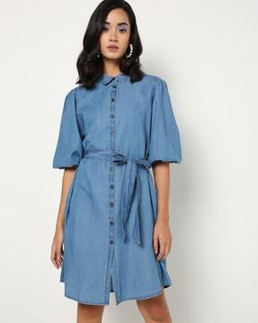 front open denim tunic with volume sleeves