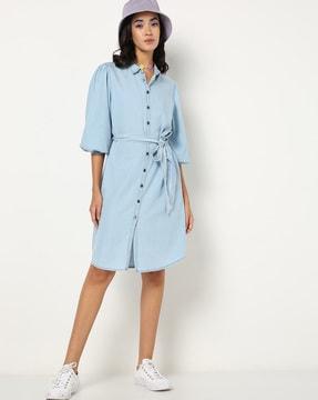 front open denim tunic with volume sleeves