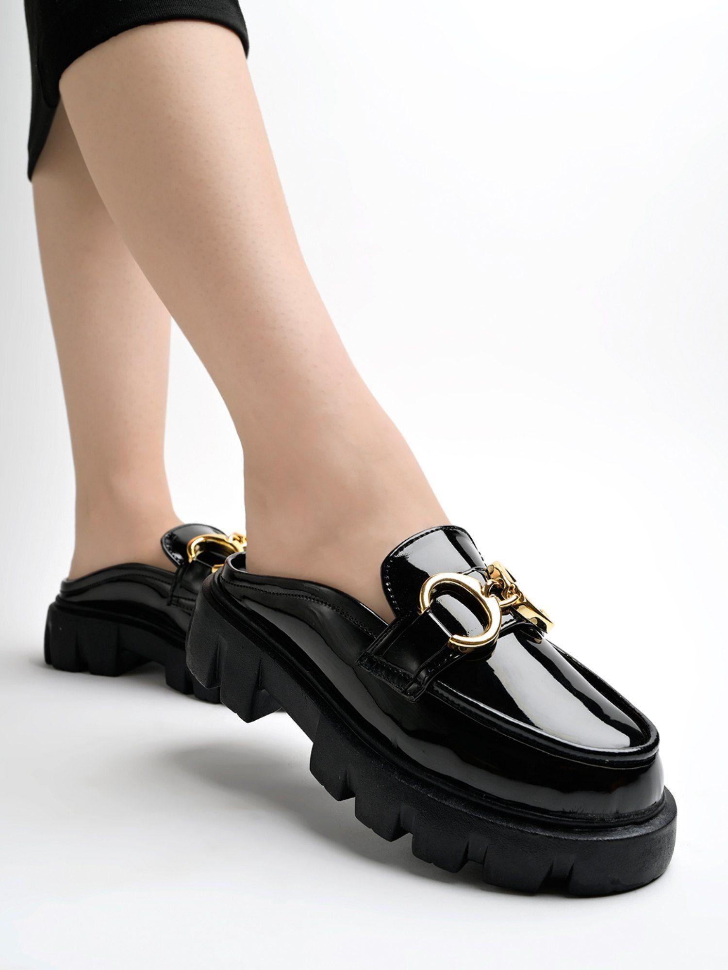 front buckle detailed black loafers for girls
