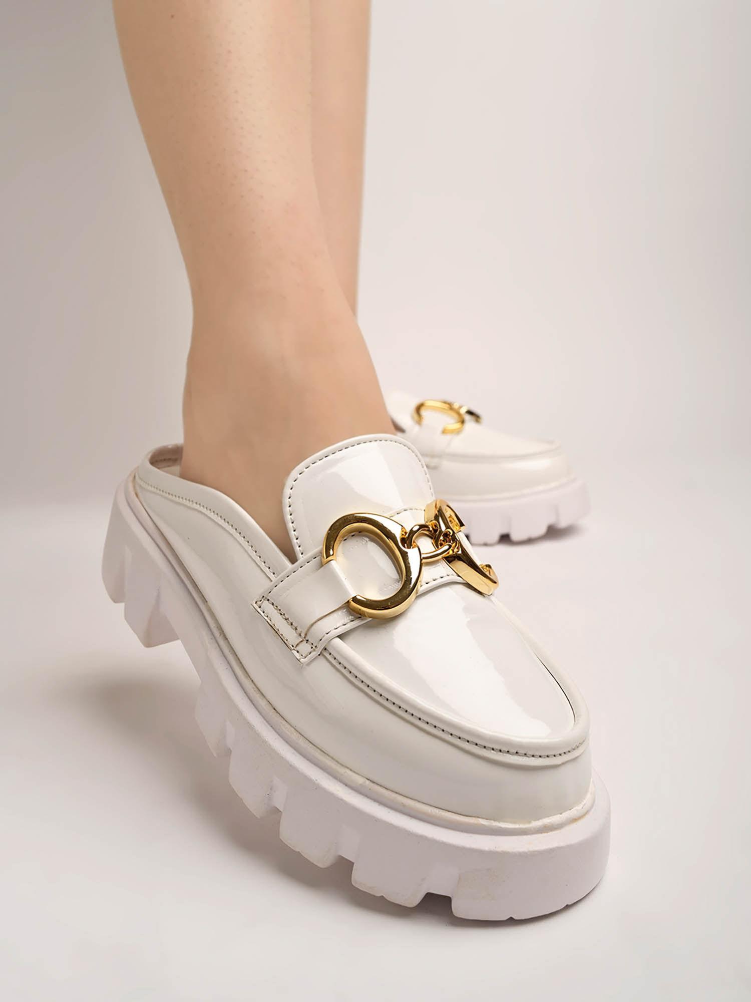 front buckle detailed white loafers for women