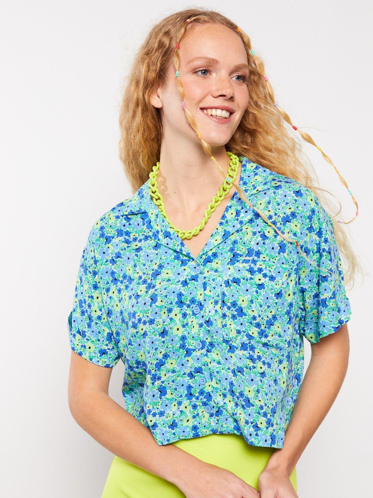 front button closure floral short sleeve viscose womens shirt