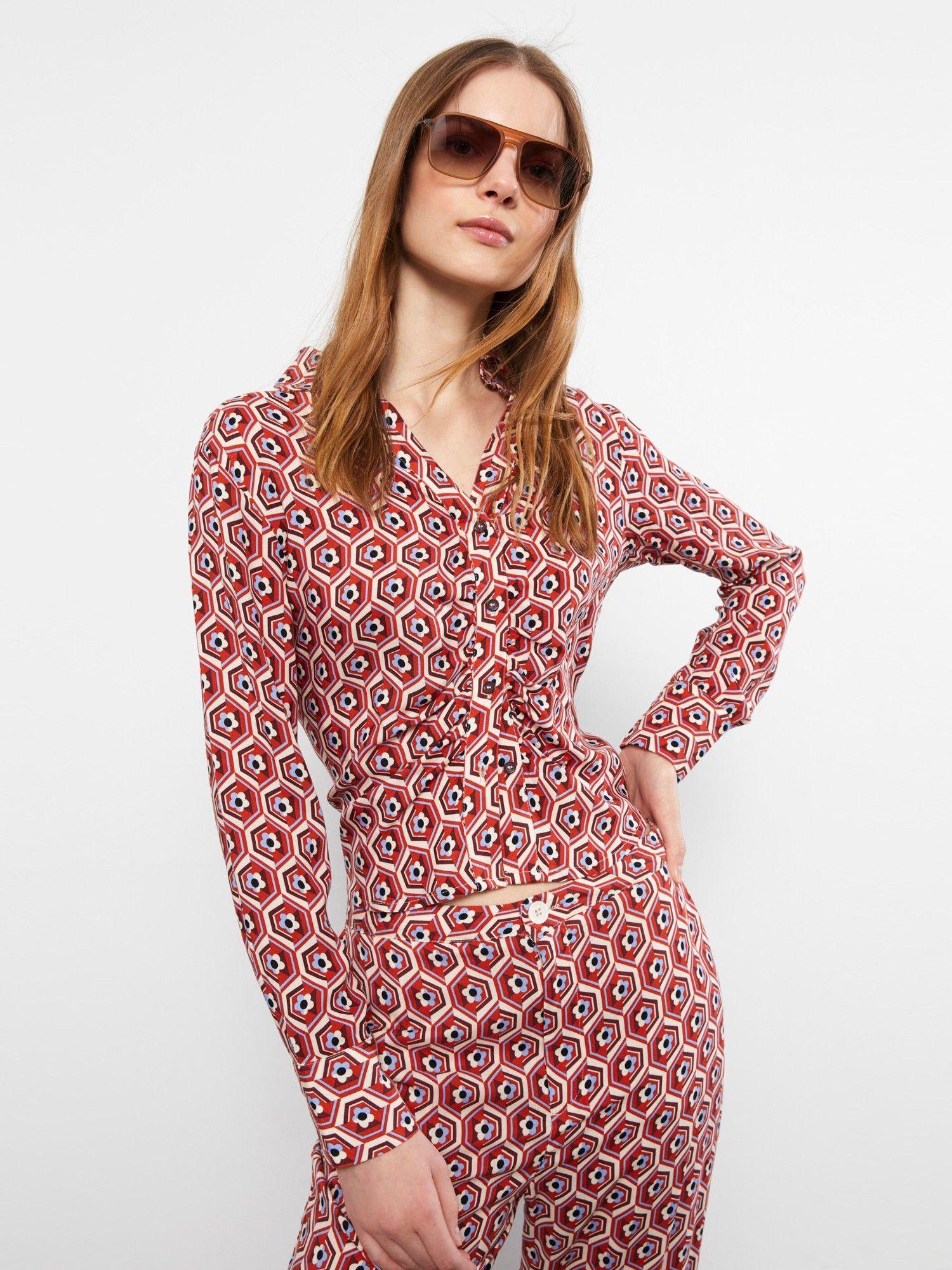 front button closure patterned long sleeve viscose womens shirt