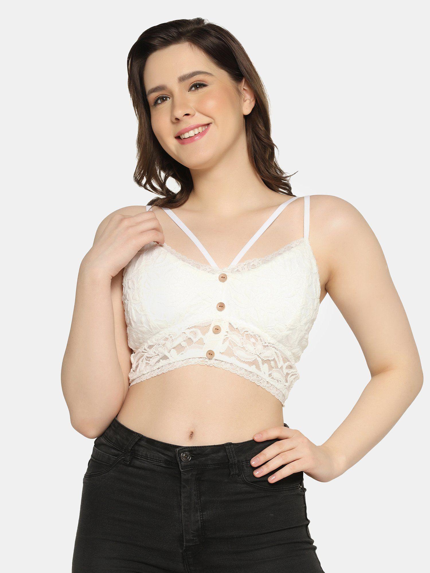 front button design lace bralette - white