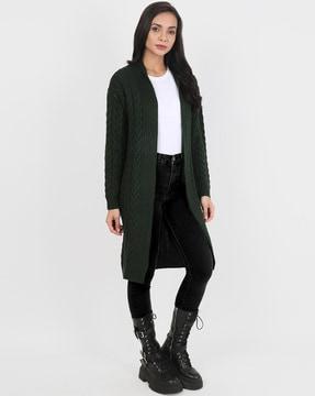 front-open cable knit coat with high neck collar