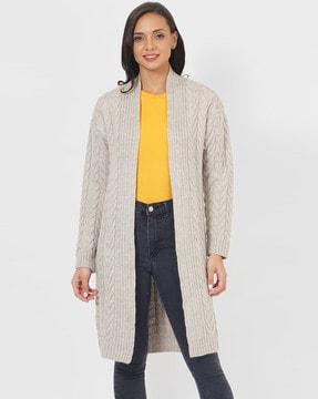 front-open cable knit coat with high neck collar