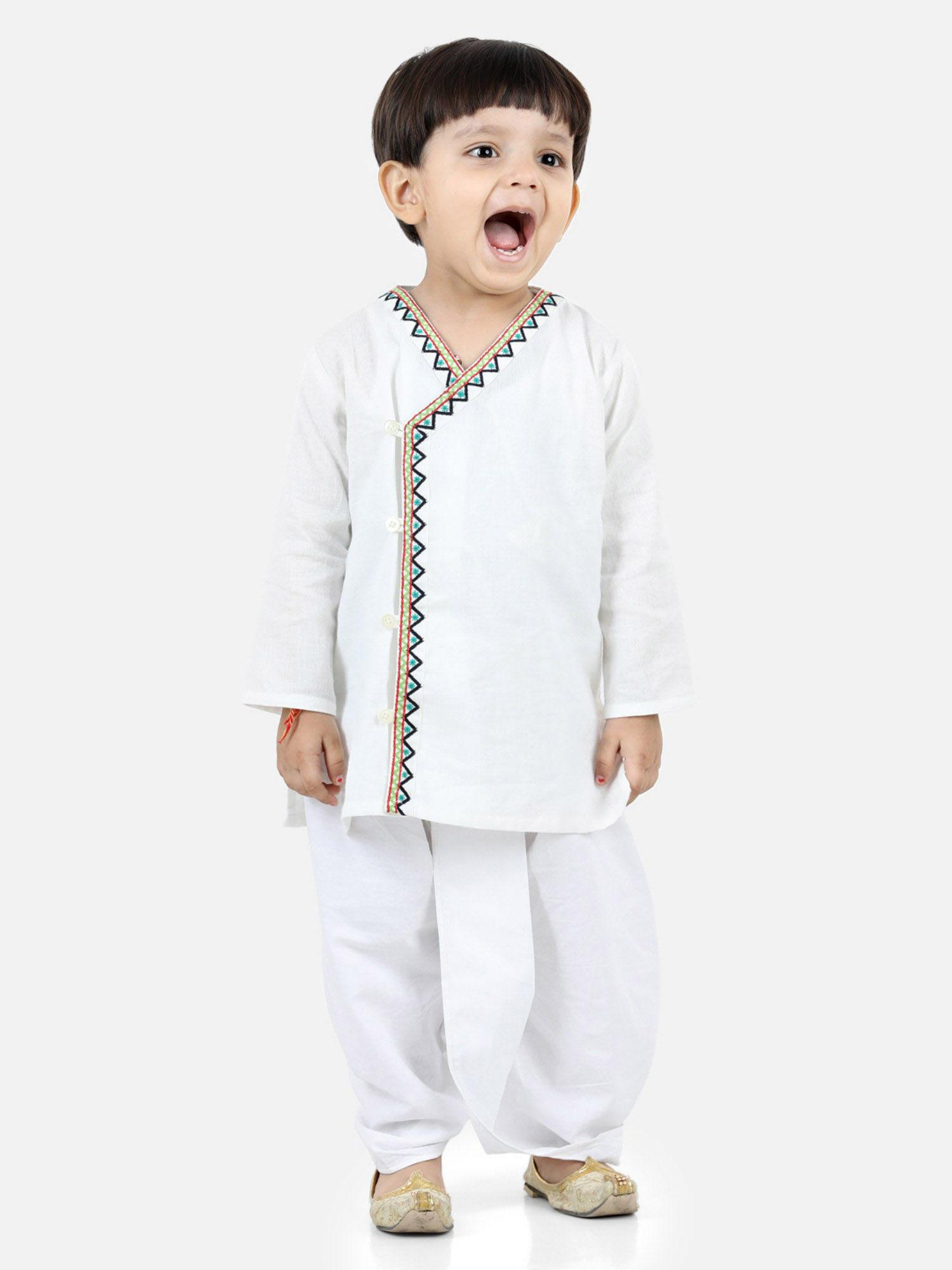 front open embroidered kurta dhoti for boys- white (set of 2)