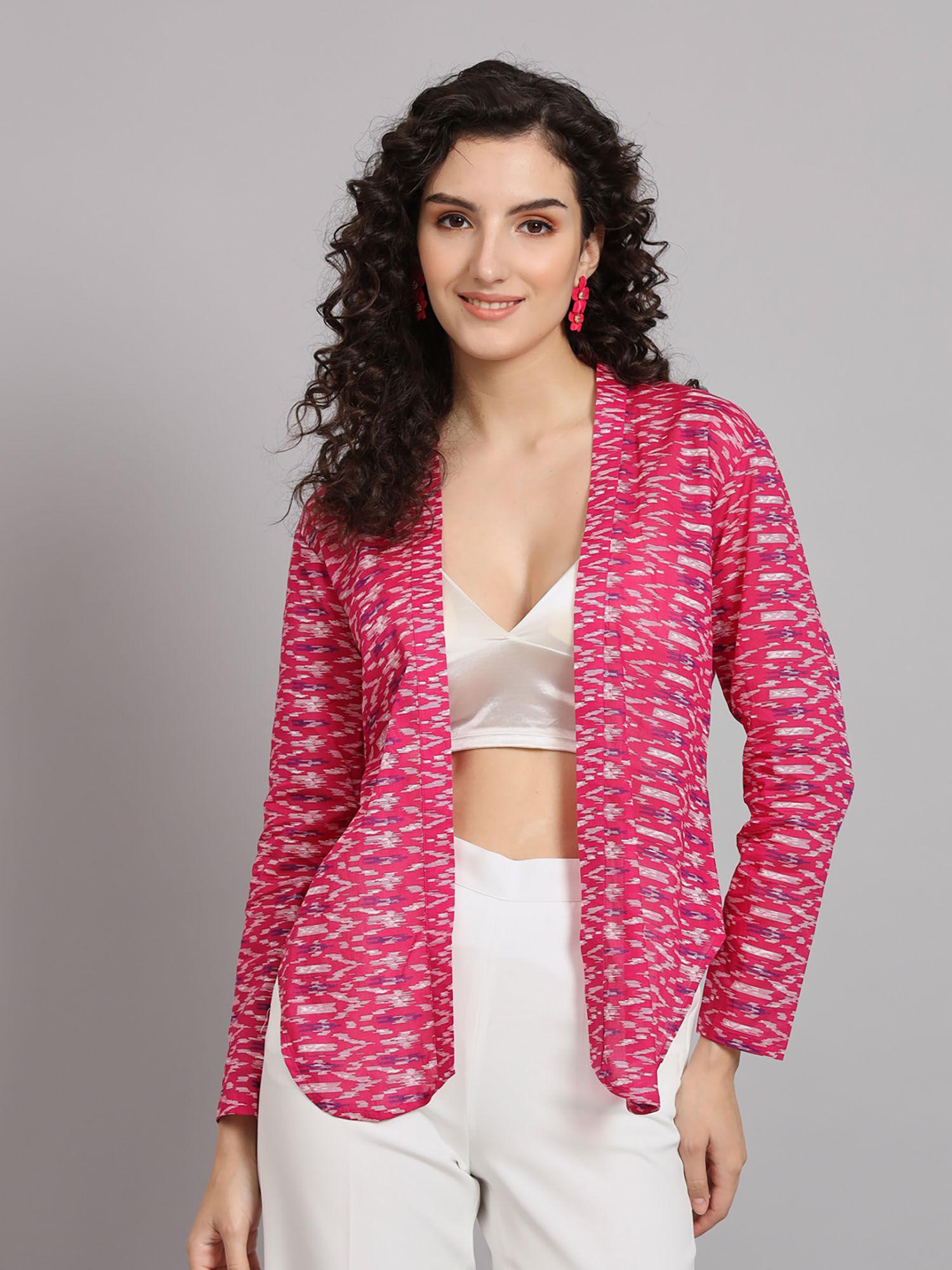 front open printed jacket- white & pink