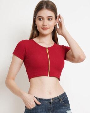 front-open round-neck top